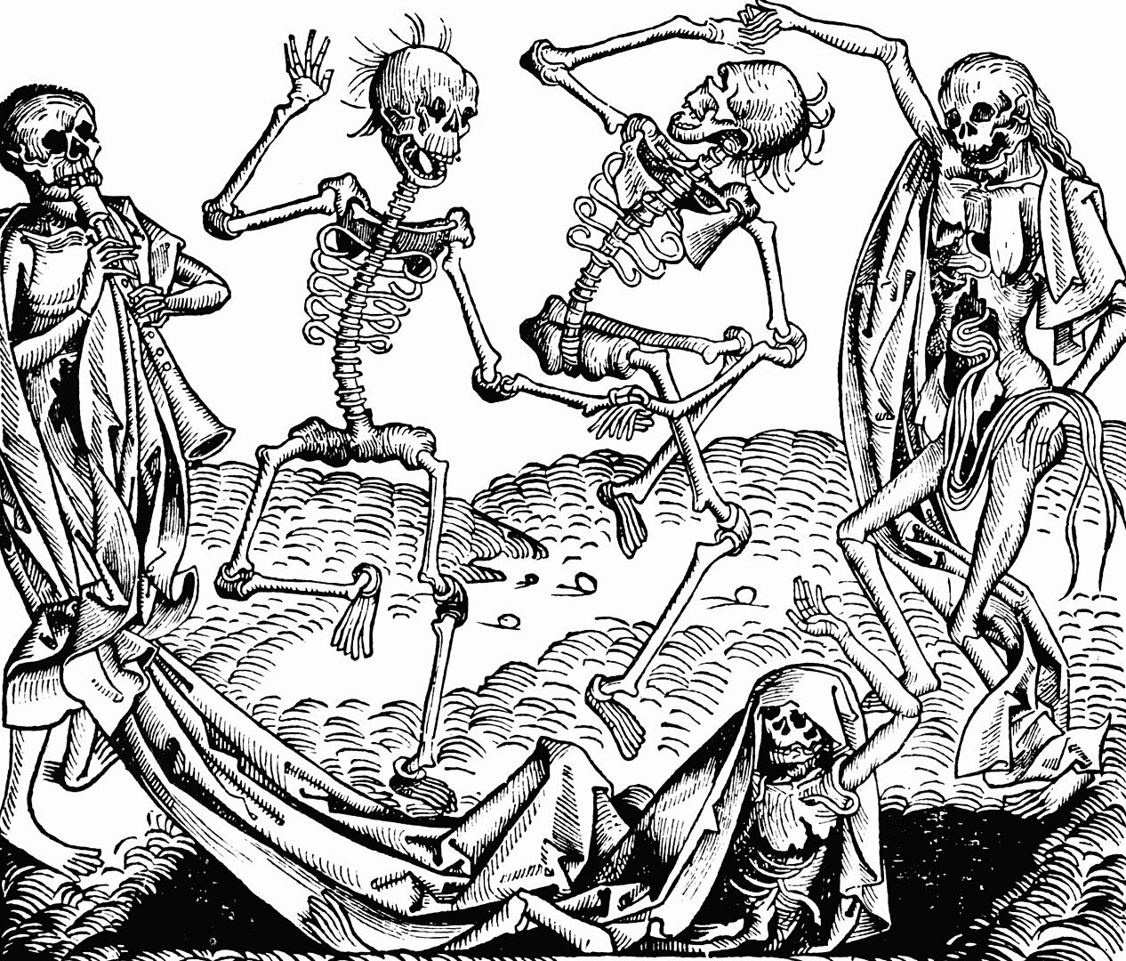 Nuremberg Chronicle 'Dance of Death' woodcut of dancing skeletons