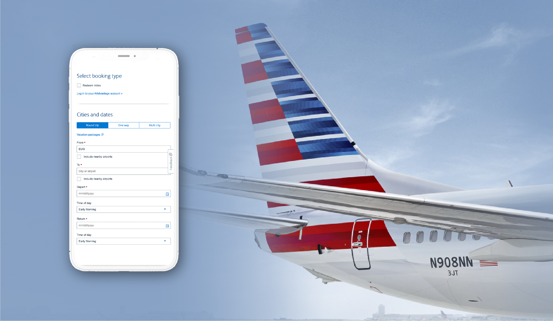 American Airlines booking app on a phone beside the tail and wing of a parked jet