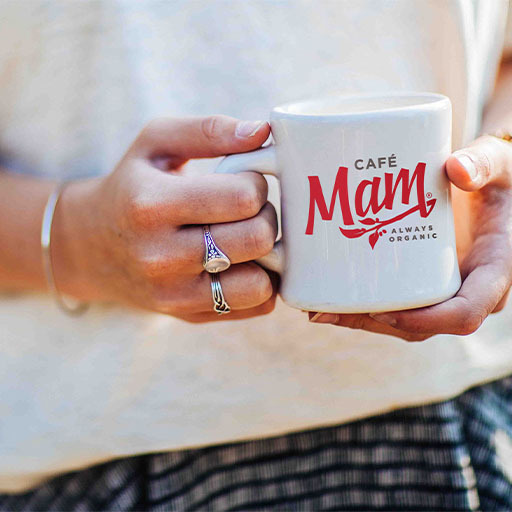 Hands holding a white mug with the red Café Mam 'Always Organic' logo
