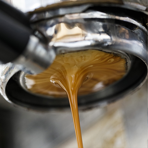Close-up of espresso pouring from a bottomless portafilter on a machine