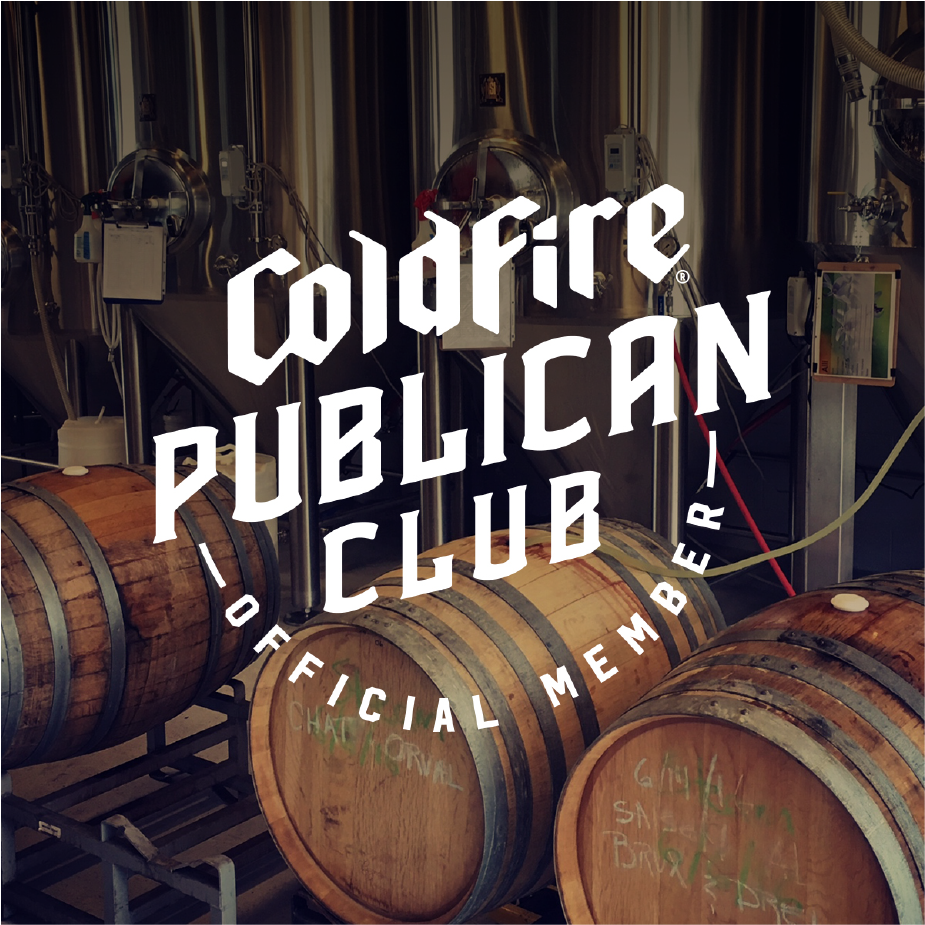 ColdFire Publican Club Official Member badge over a photo of barrels in the brewery