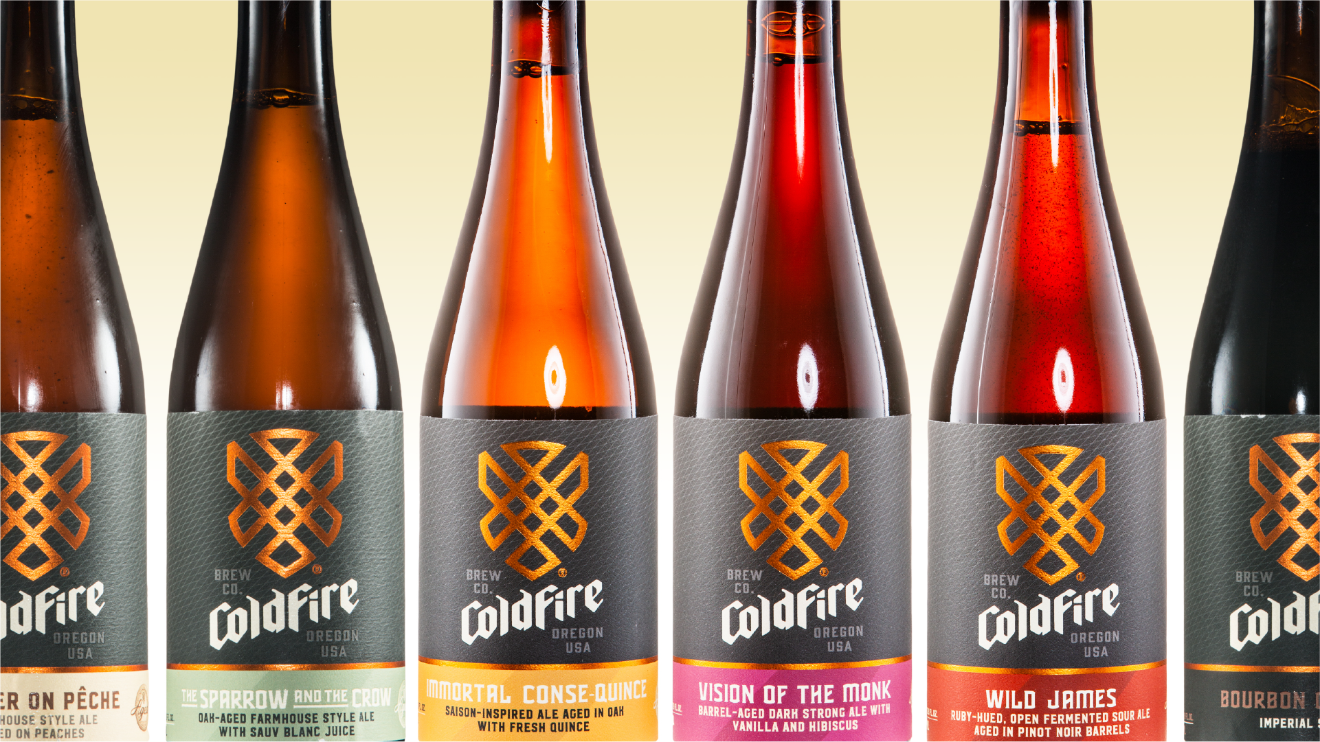 Row of ColdFire Brewing bottles with gray labels including Sparrow and the Crow and Wild James