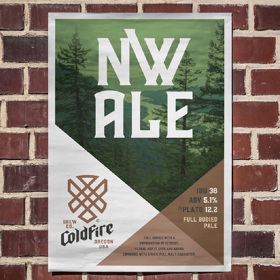 ColdFire Brewing NW Ale poster with forest scene and beer stats mounted on a brick wall