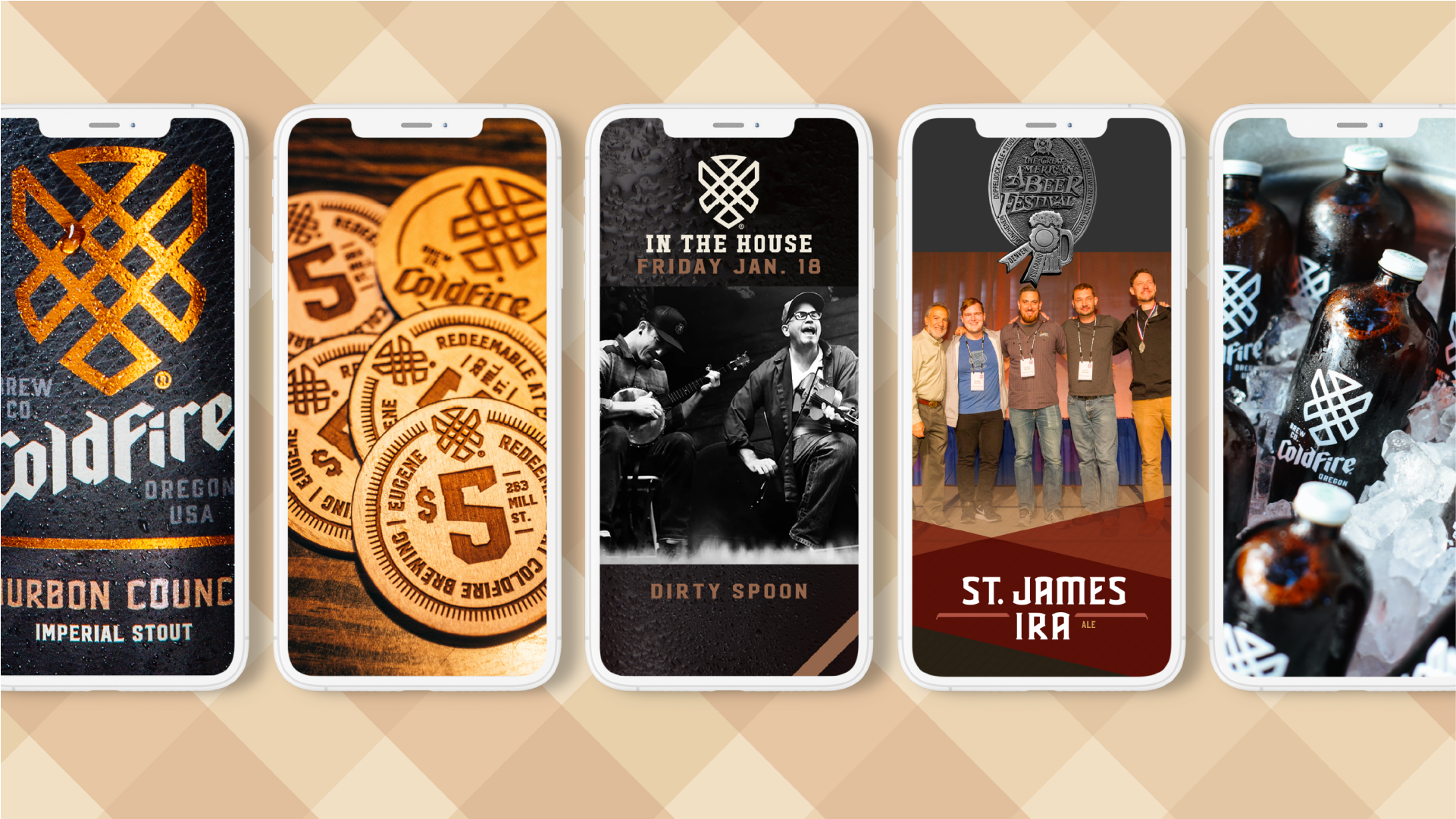 Five phone screens showing ColdFire Brewing social media ads for beer releases and events