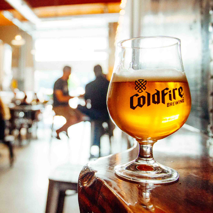 Coldfire Brewing tulip glass of golden beer on a wooden table in a sunlit taproom