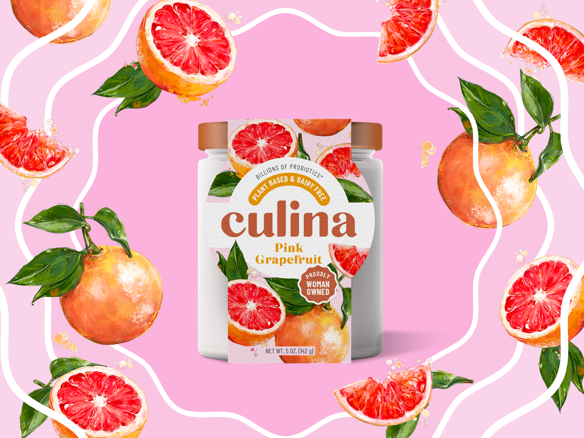 Culina Pink Grapefruit plant-based yogurt jar surrounded by grapefruit halves on pink