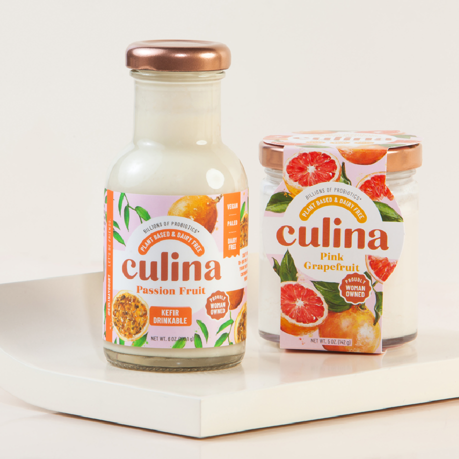 Culina Passion Fruit kefir and Pink Grapefruit yogurt are shown from the front showing their labels.