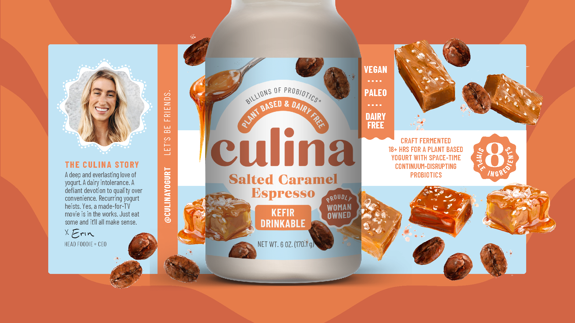 Culina Salted Caramel Espresso kefir bottle packaging design with caramel, pecans and coffee beans