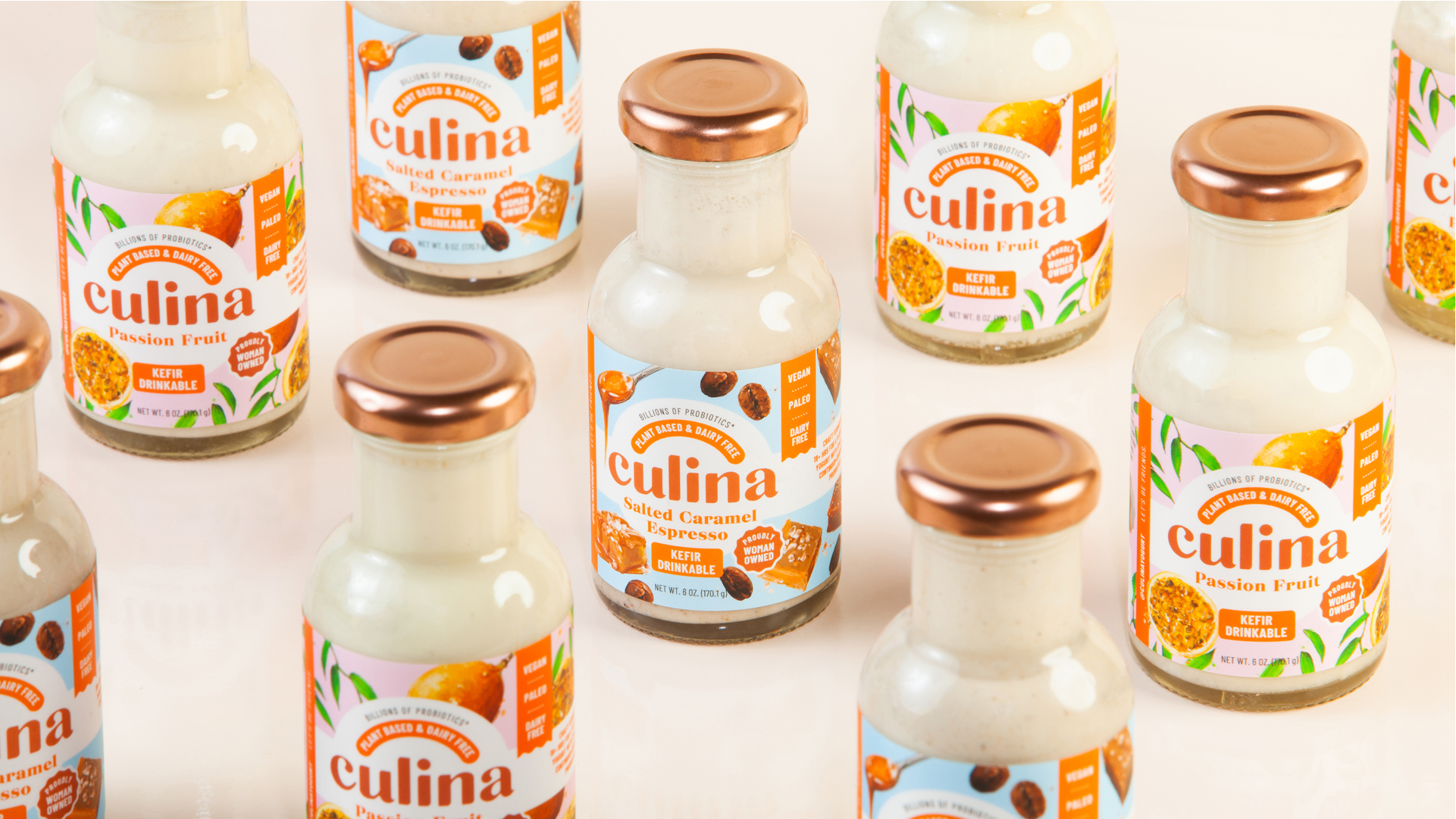Culina dairy-free yogurt drink bottles in Passion Fruit and Salted Caramel Espresso flavors