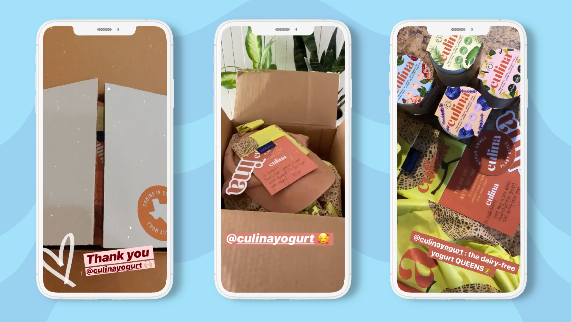 Three phone screens showing Culina yogurt unboxing Instagram stories tagging @culinayogurt