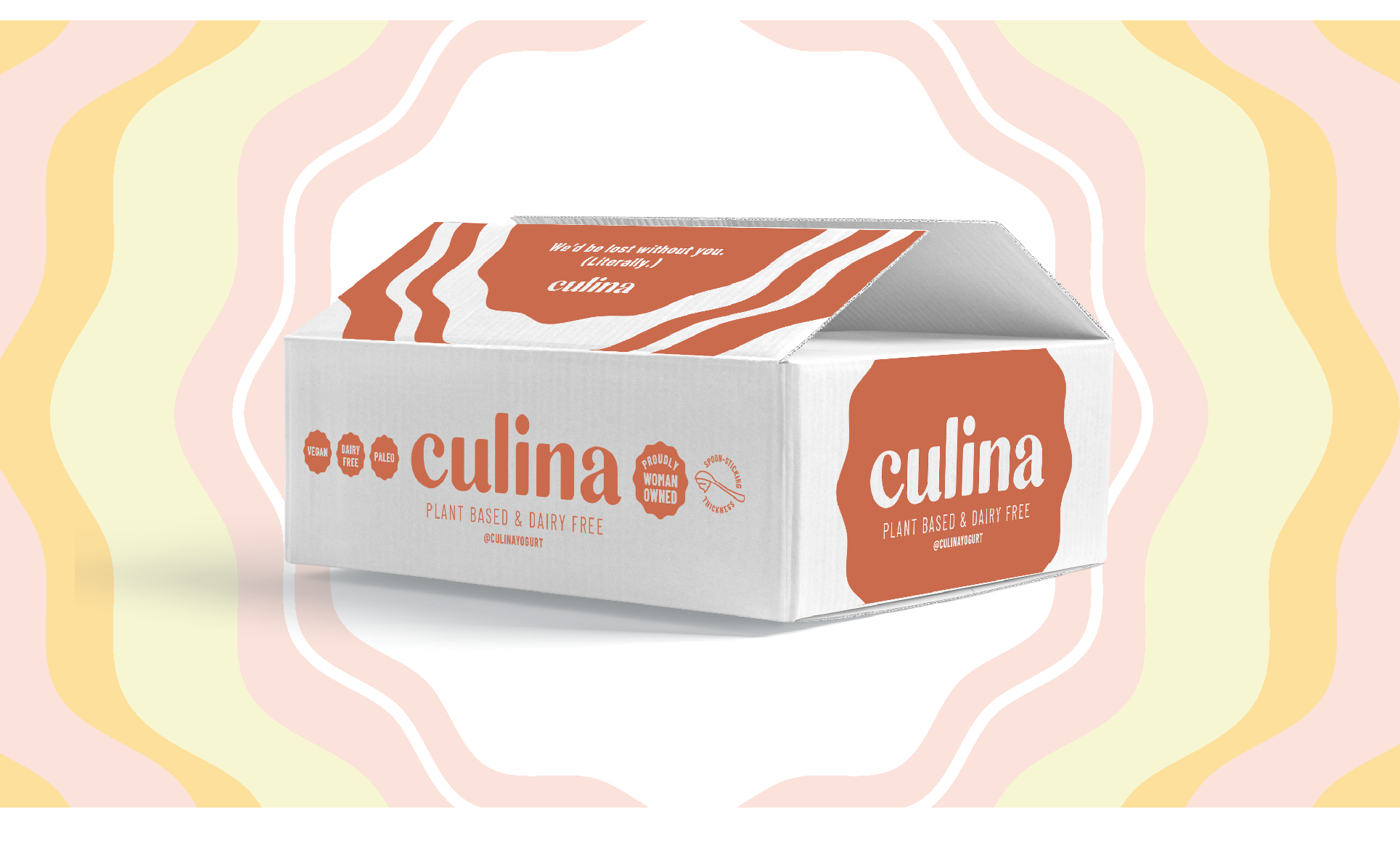 Culina shipping box packaging design reading Plant Based and Dairy Free on a wavy pastel backdrop