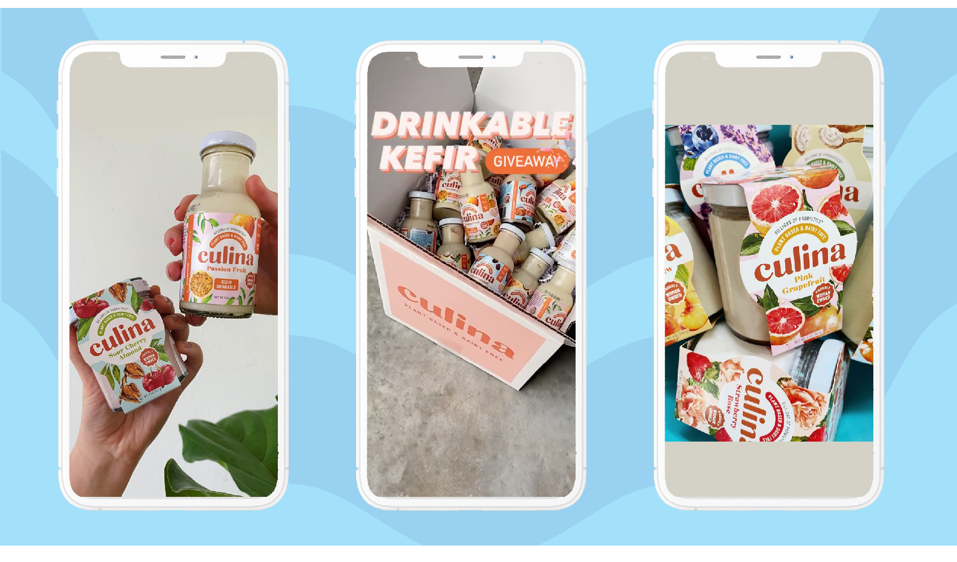 Three phones showing Culina drinkable kefir Instagram stories and a giveaway box