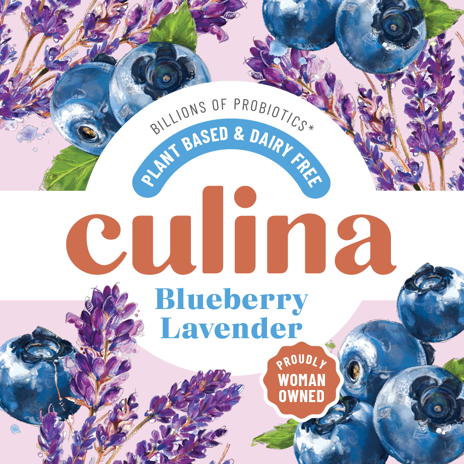 The Culina logo and the words Blueberry Lavender sit on top of a pale purple background with watercolor painted blueberries and lavender.