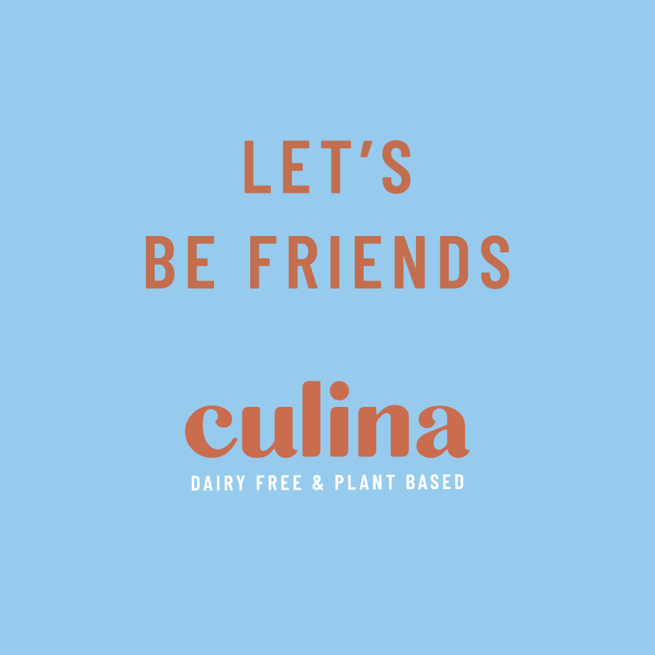Culina Let's Be Friends wordmark with Dairy Free and Plant Based tagline on light blue