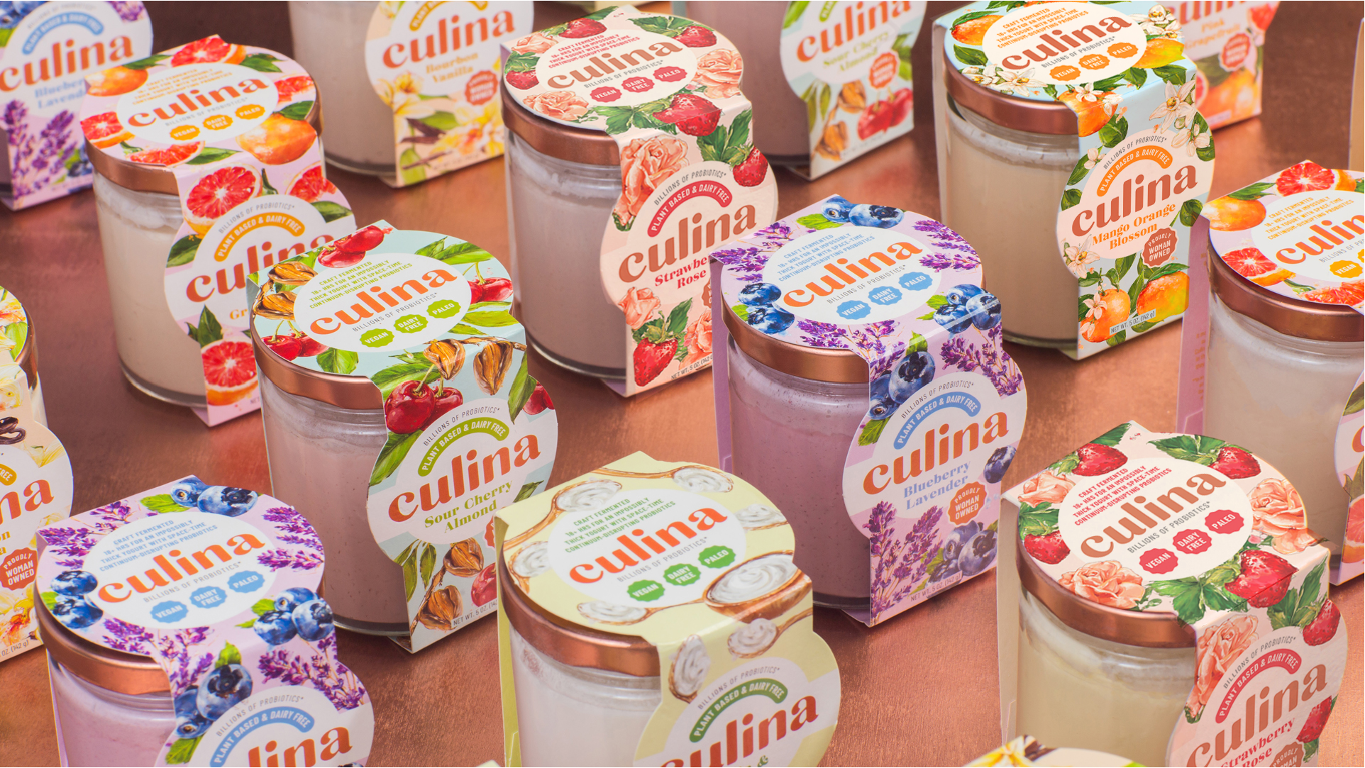 Rows of Culina plant-based yogurt jars with colorful fruit-illustrated labels
