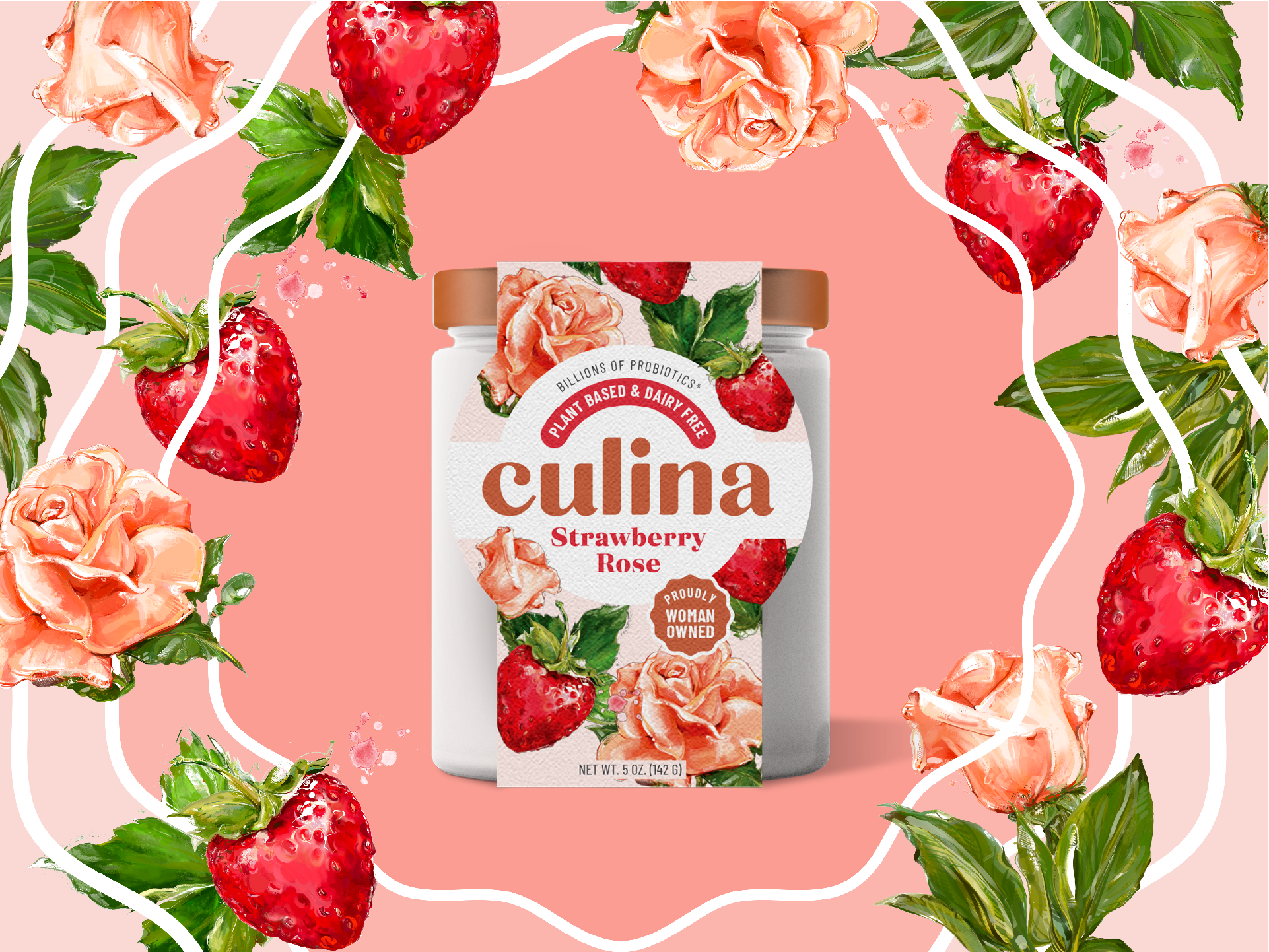 Culina Strawberry Rose plant-based yogurt jar framed by watercolor strawberries and roses on pink
