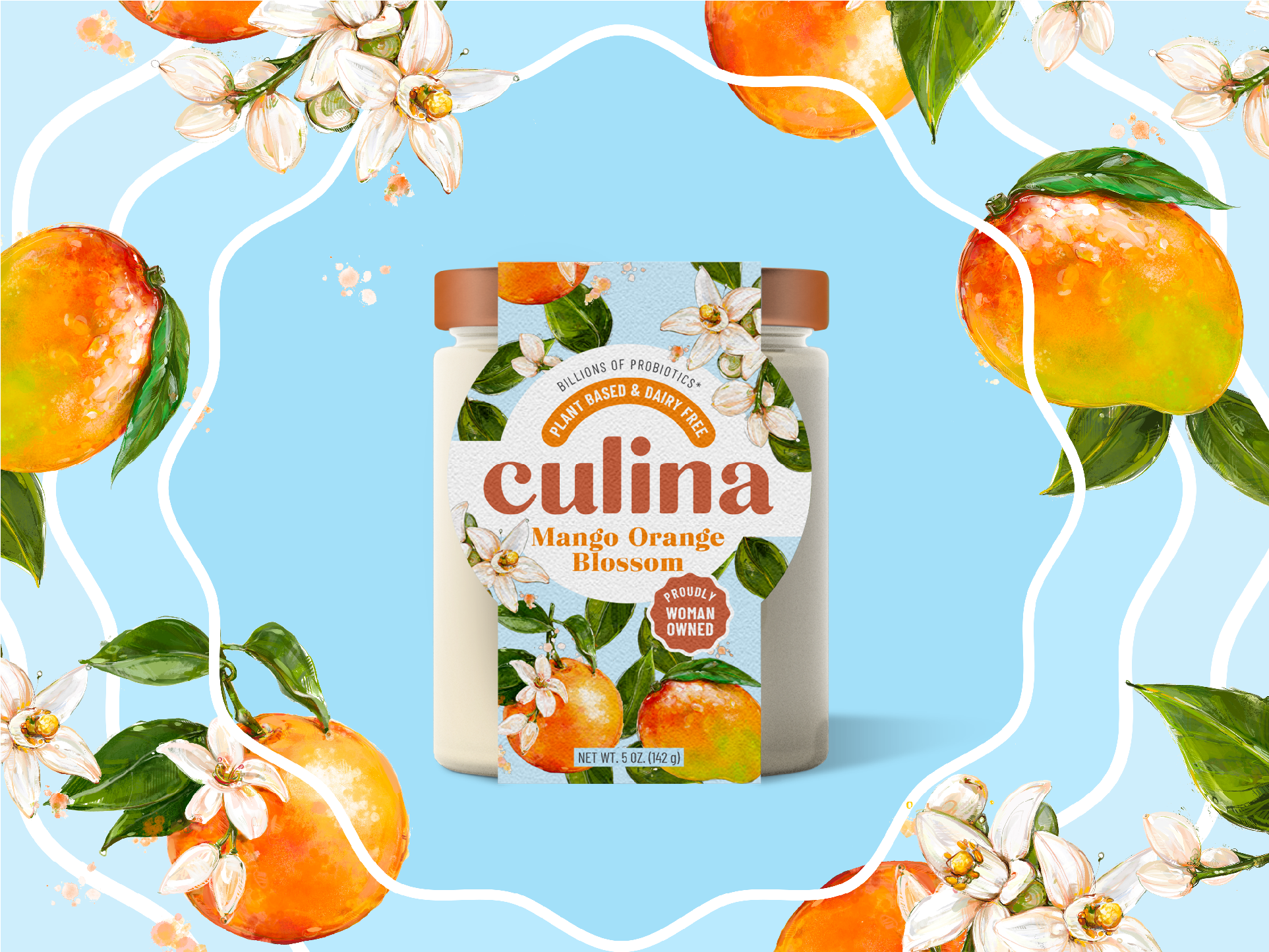 Culina Mango Orange Blossom plant-based yogurt pouch framed by oranges and orange blossoms