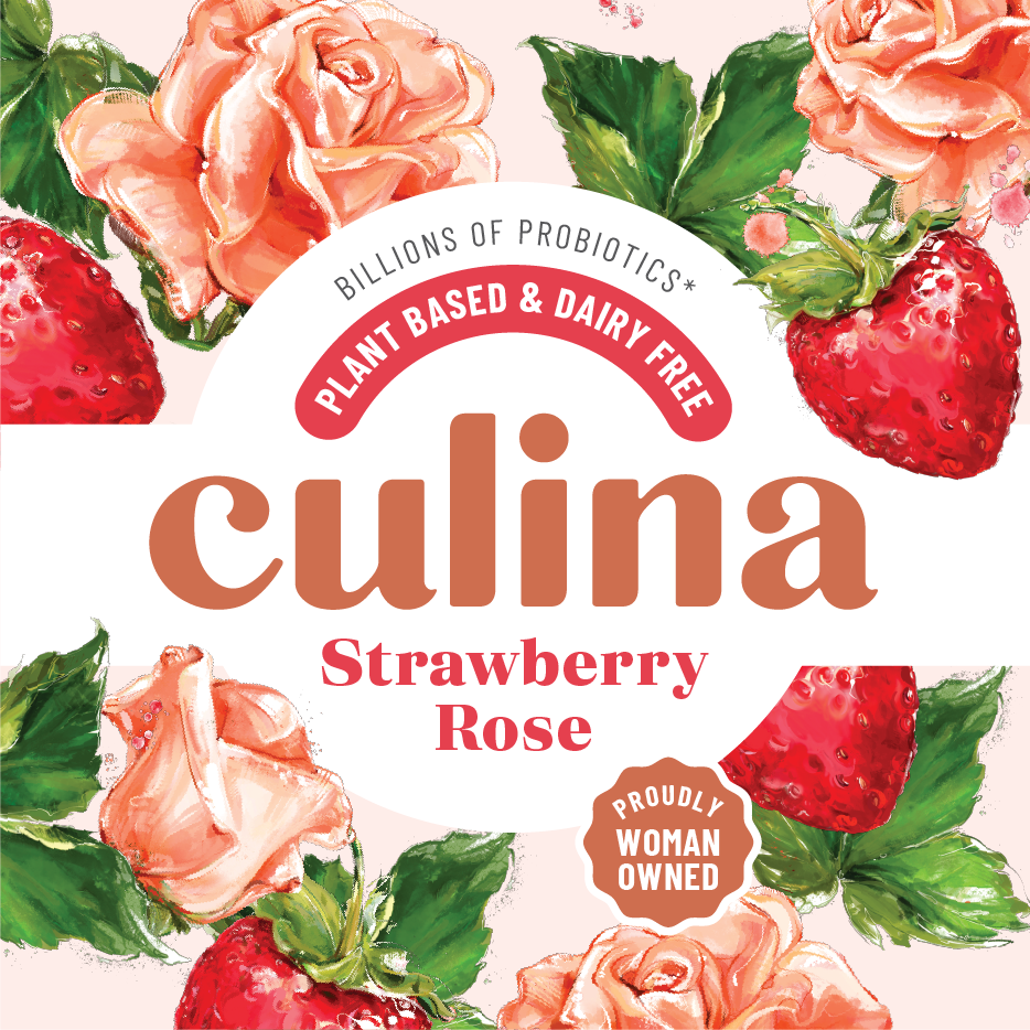 Culina Strawberry Rose probiotic label with watercolor roses and strawberries, Plant Based & Dairy Free