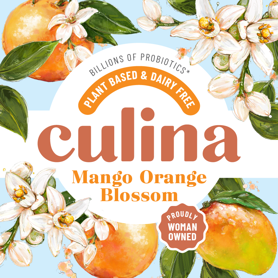 Oranges and orange blossoms surround a badge that reads "Culina Mango Orange Blossom"