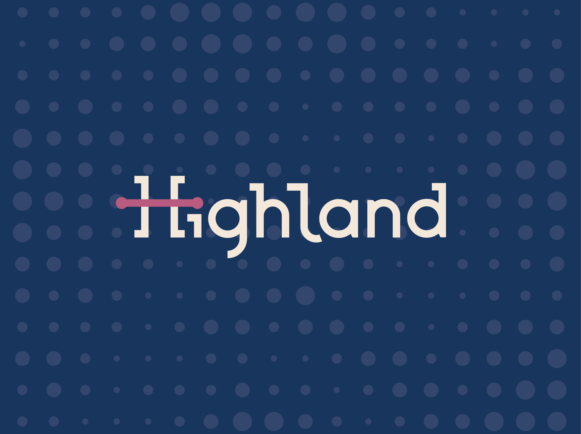 Highland wordmark with pink dumbbell crossbar on navy halftone dot background