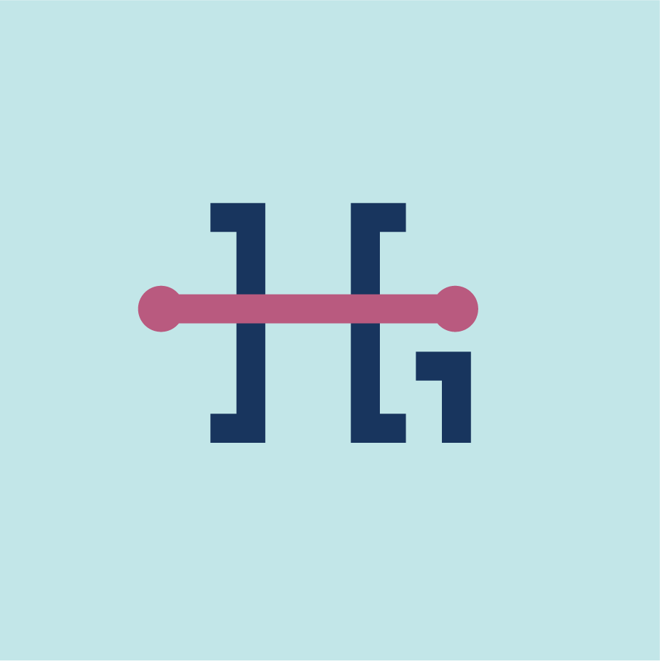 Highland H and G monogram with pink dumbbell crossbar on light blue background