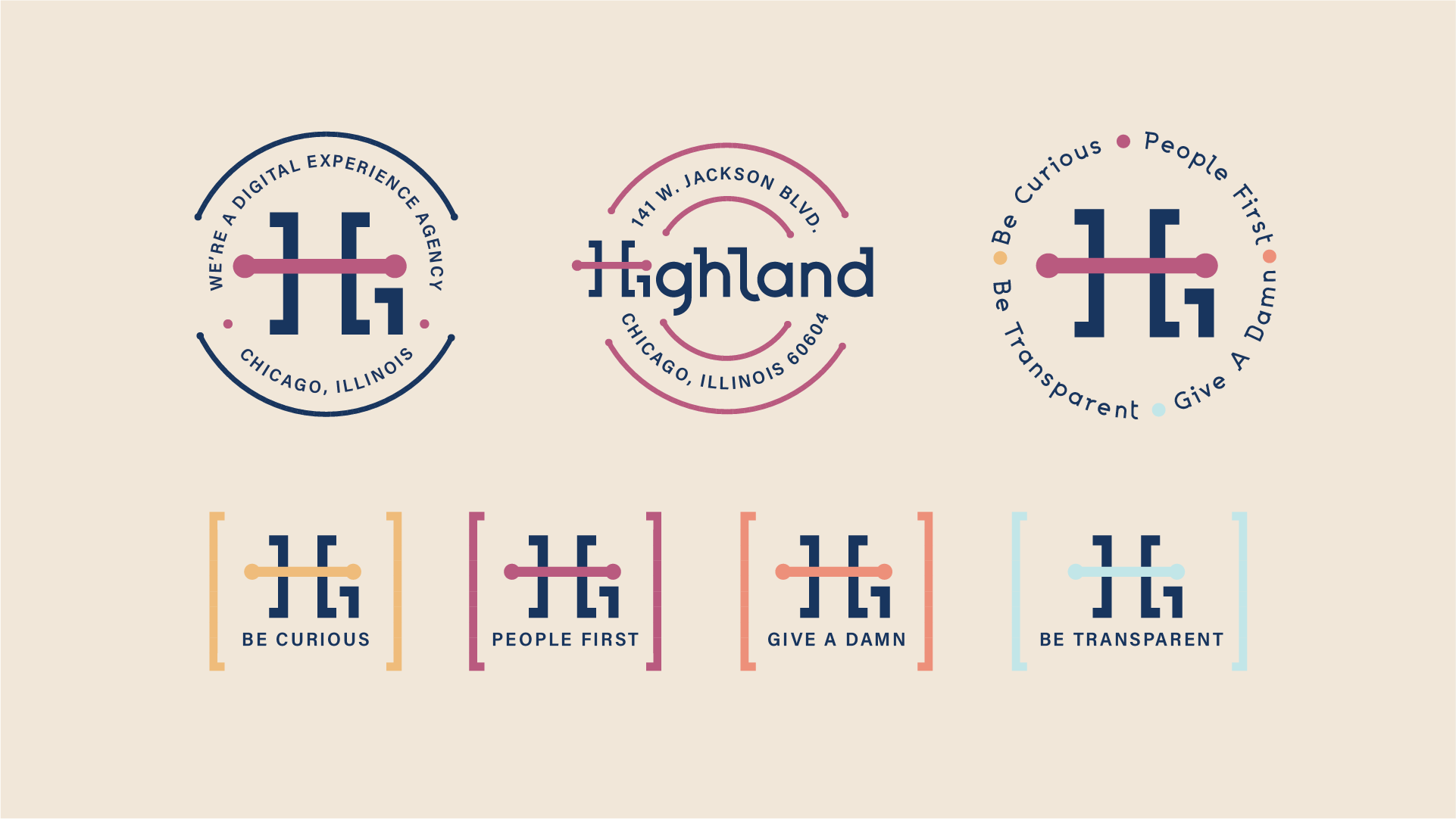 Highland brand badges and logo lockups for Chicago digital experience agency with values Be Curious, People First