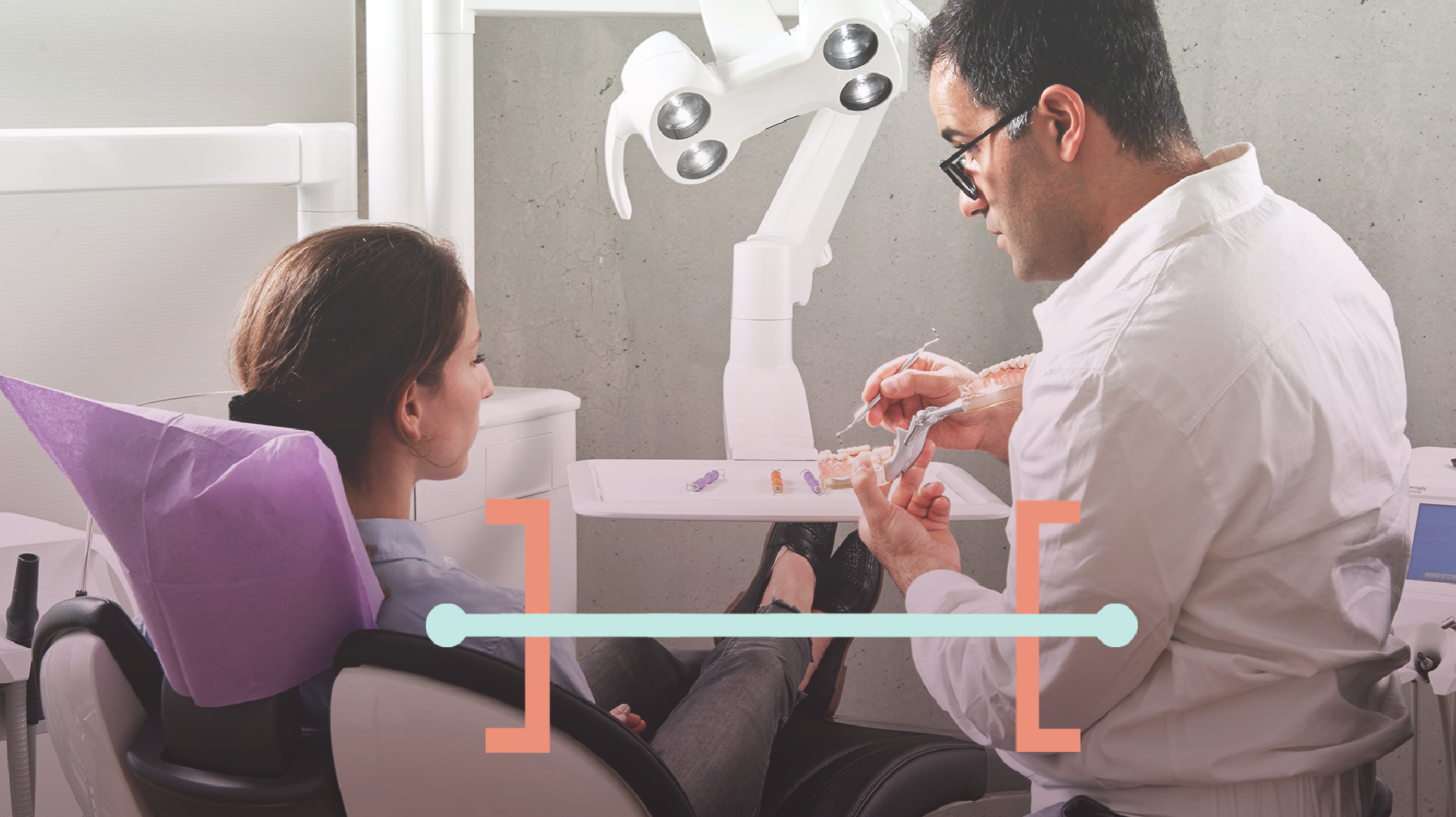 Dentist showing a dental model to a patient in a chair, with Highland bracket motif overlay
