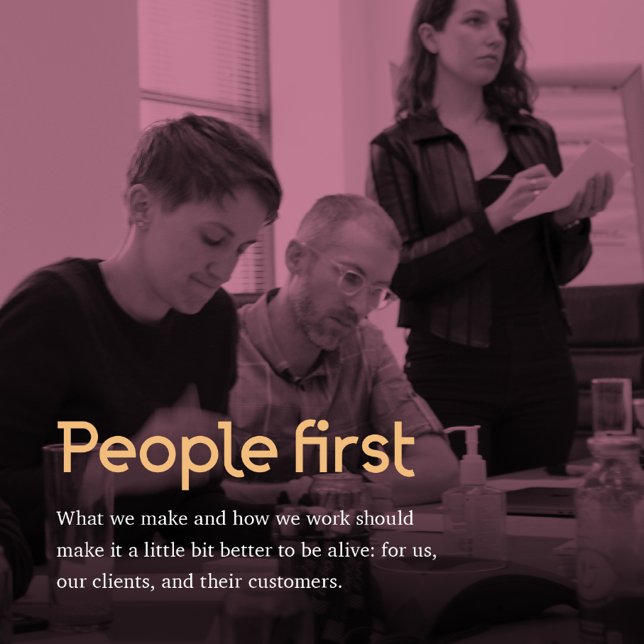Highland value People first over a pink-toned shot of colleagues collaborating at a table