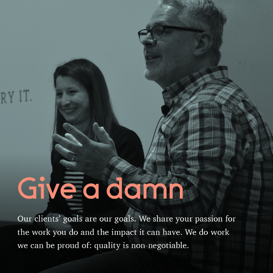 Highland value Give a damn over a toned shot of a smiling man in plaid and a woman in a meeting