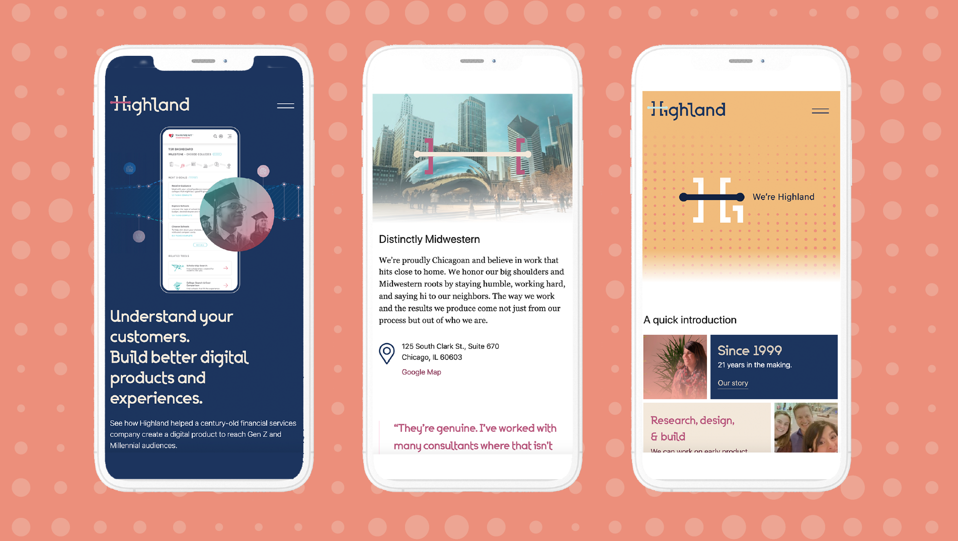 Three phone screens of Highland's rebranded website with logo, Chicago skyline and brand intro