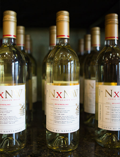 Bottles of NxNW 2012 Riesling, Horse Heaven Hills, by King Estate's North by Northwest label