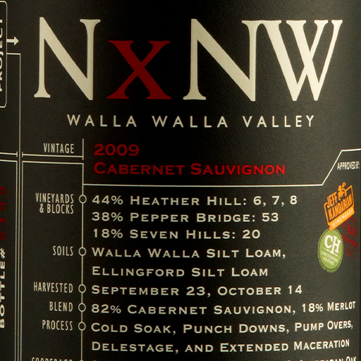 NxNW Walla Walla Valley 2009 Cabernet Sauvignon wine label with vineyard and blend details