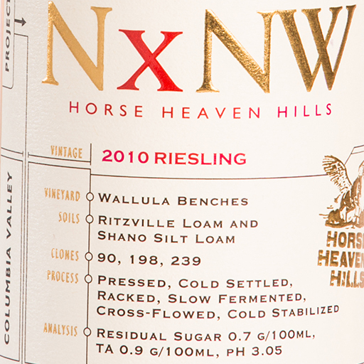 NxNW Horse Heaven Hills 2010 Riesling wine label with vineyard and process details