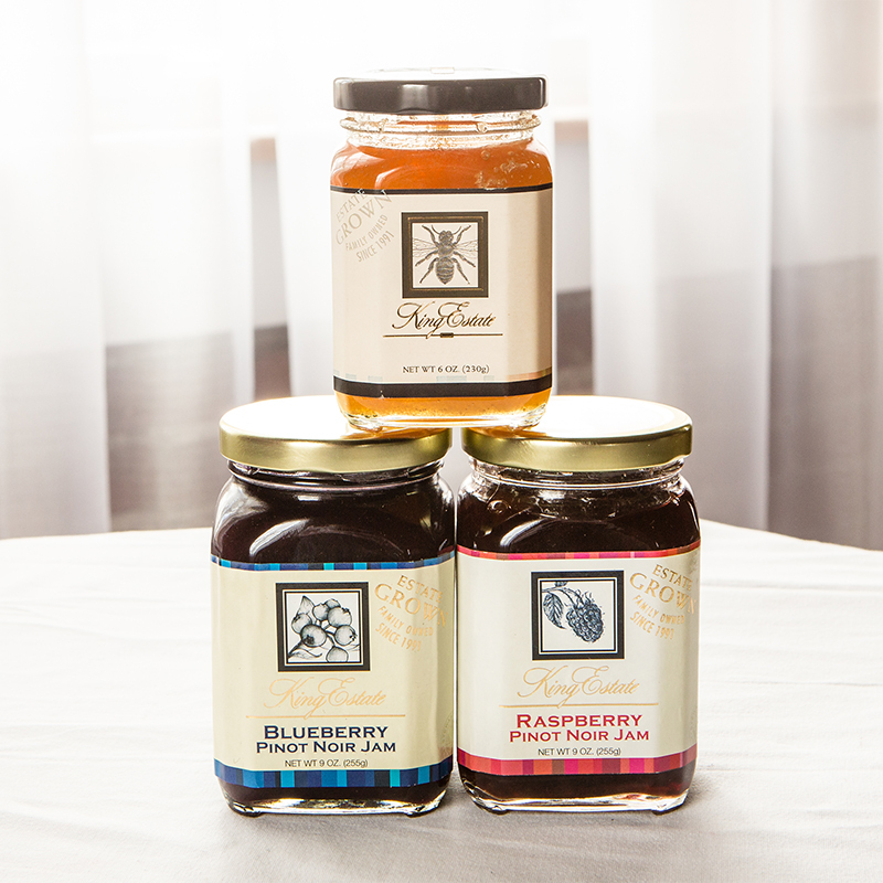 Three King Estate jars: honey, Blueberry Pinot Noir Jam and Raspberry Pinot Noir Jam