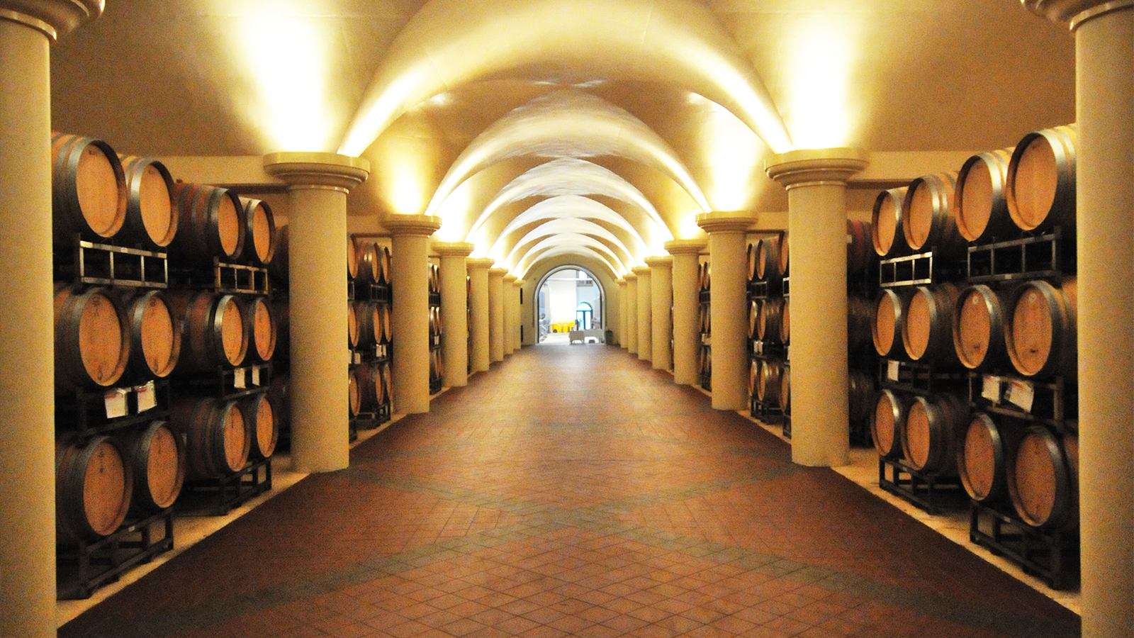 Wine cellar with rows of oak barrels under a vaulted ceiling along a tiled corridor