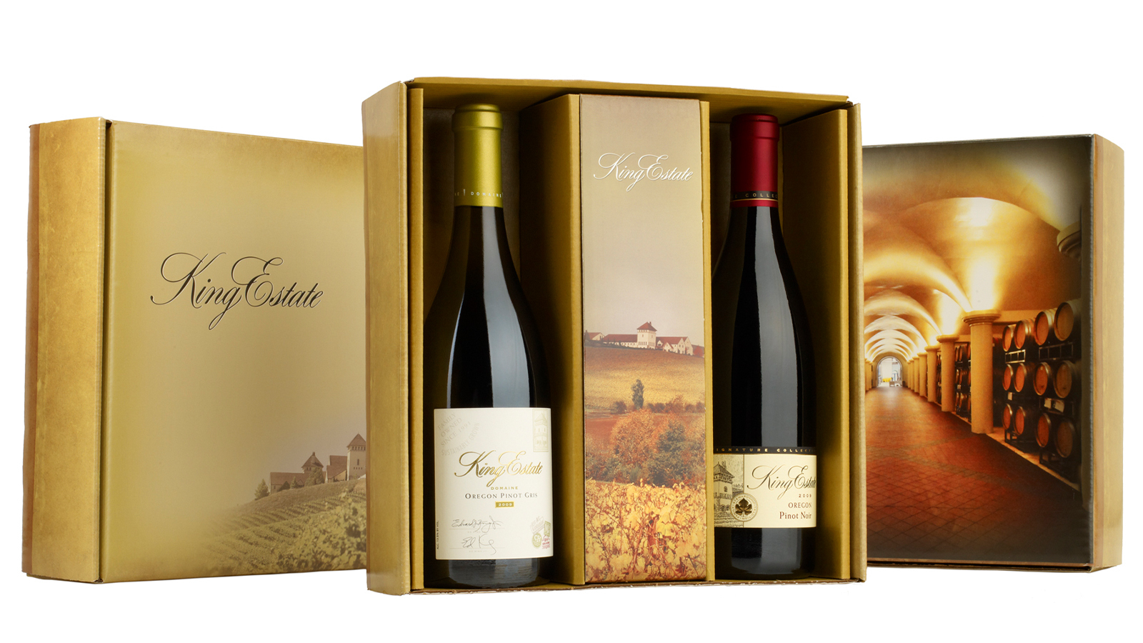King Estate gold gift box set holding two bottles of Oregon wine with vineyard and cellar imagery