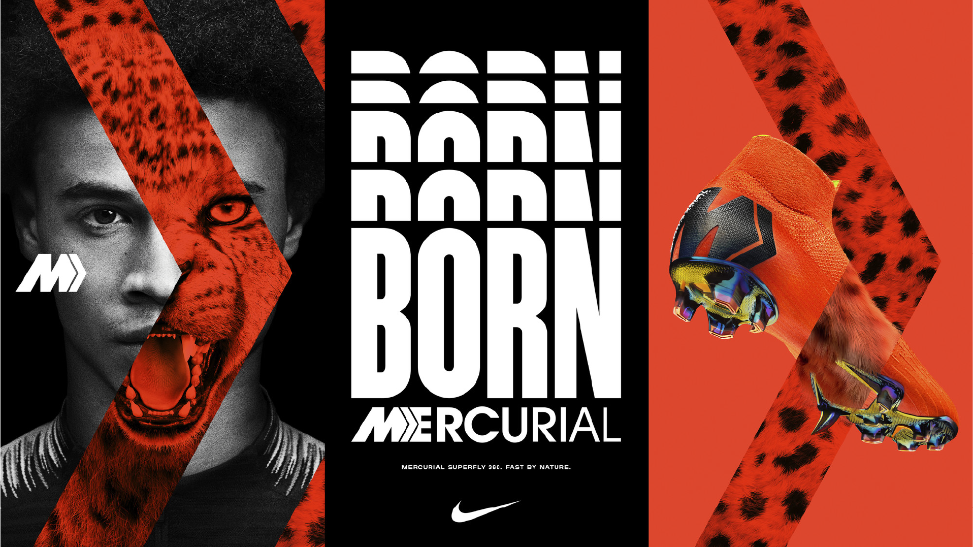Nike Mercurial 'Born Mercurial' key art with leopard graphic, athlete and orange football boot