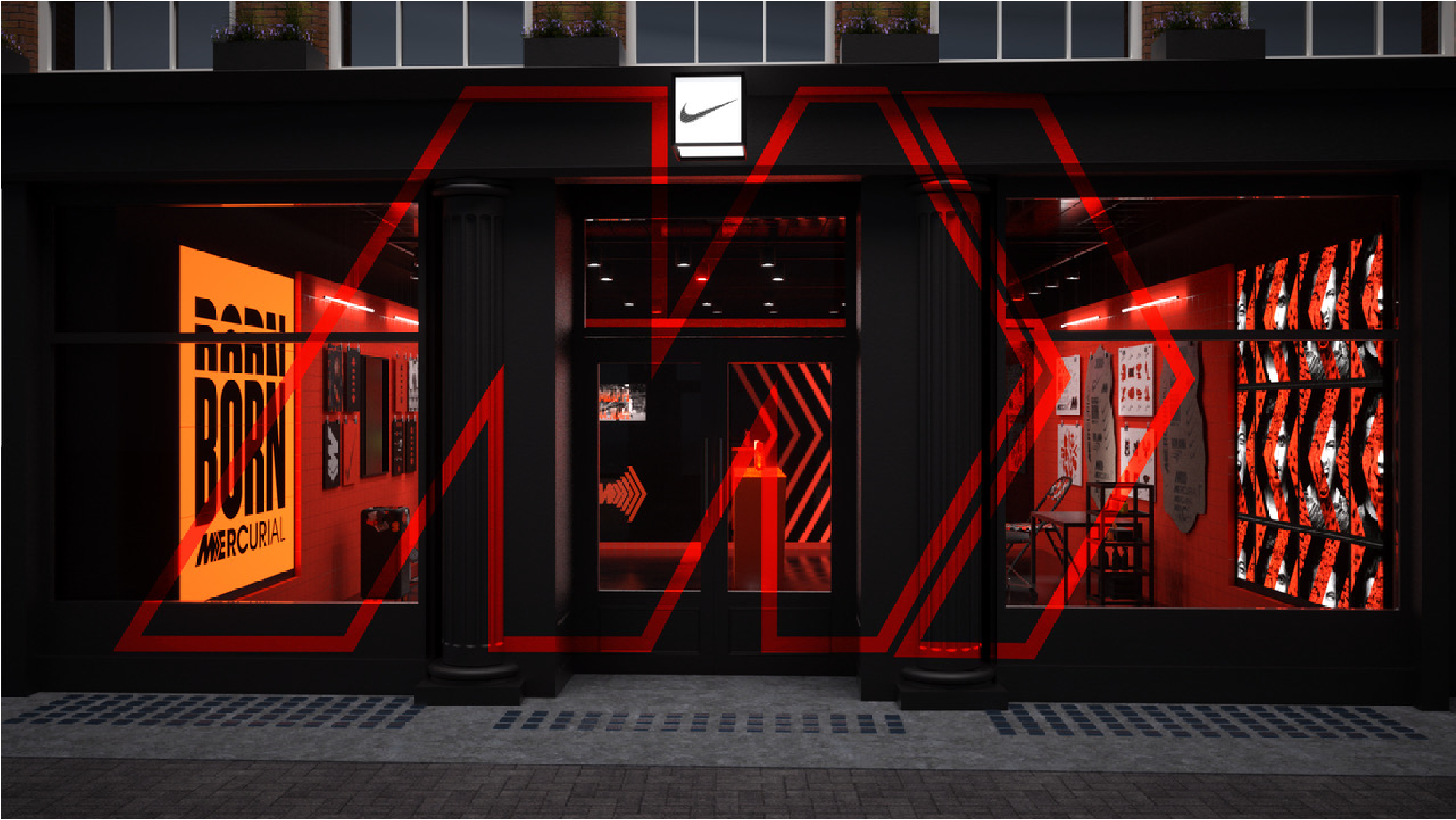 Nike Mercurial 'Born' pop-up storefront lit with red neon framing at night