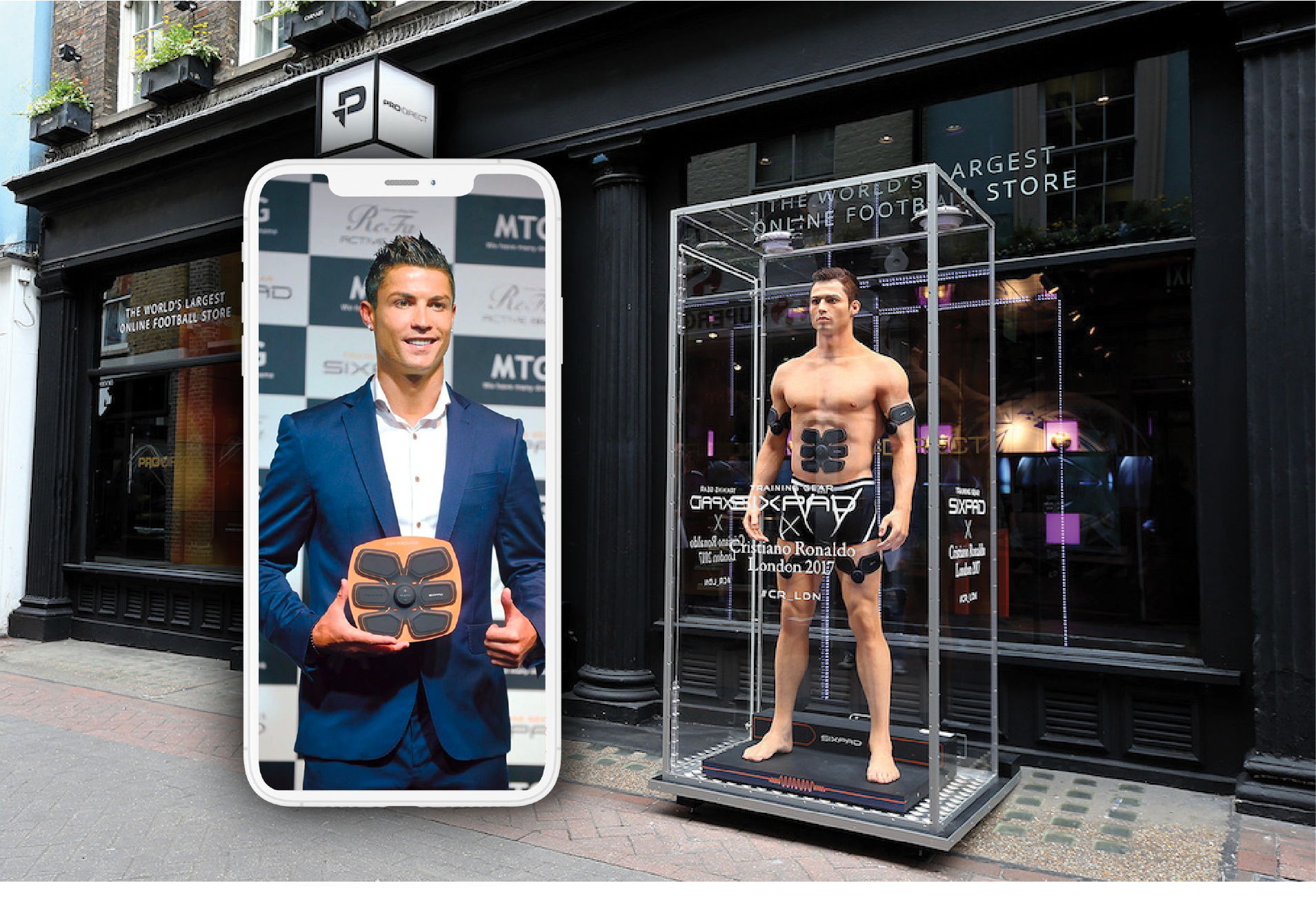 Nike London store with Cristiano Ronaldo figure and app showing him holding an EMS device
