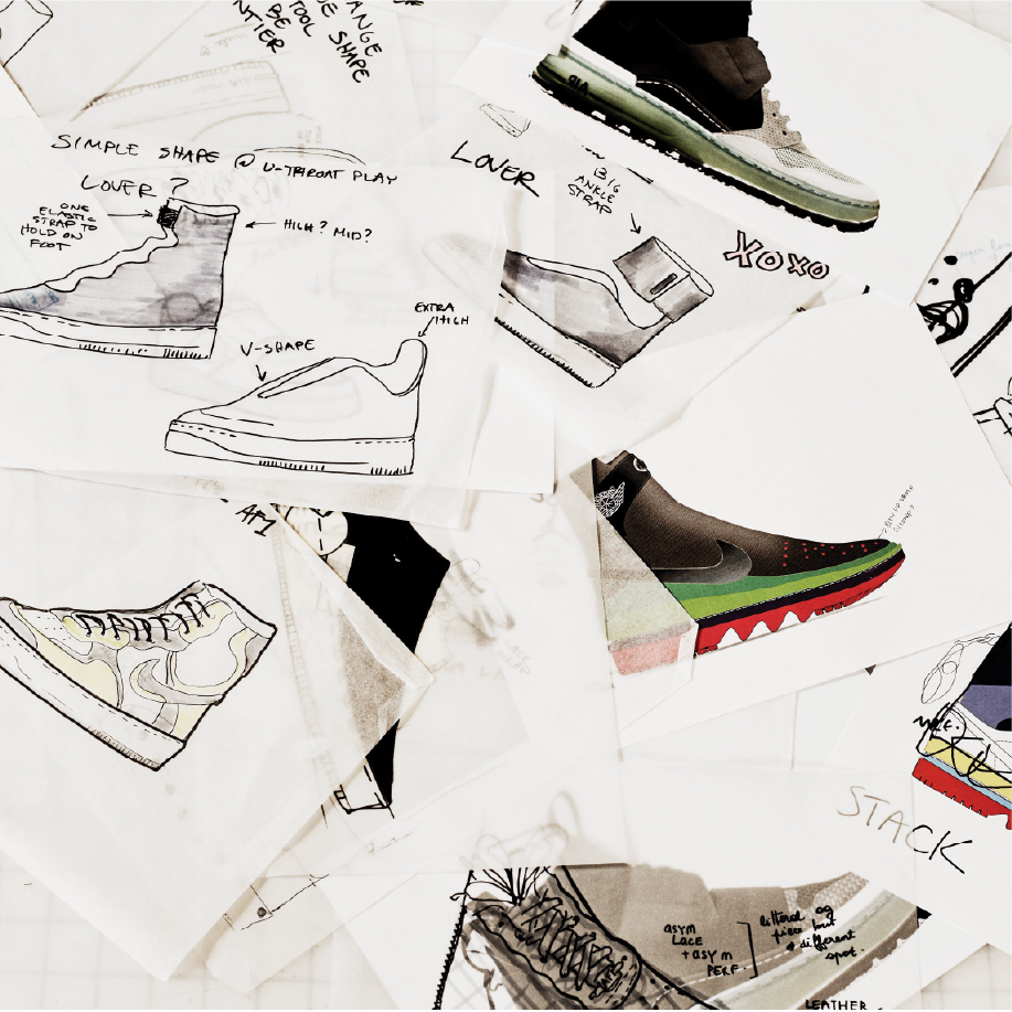 Nike London scattered hand-drawn sneaker design sketches with annotations