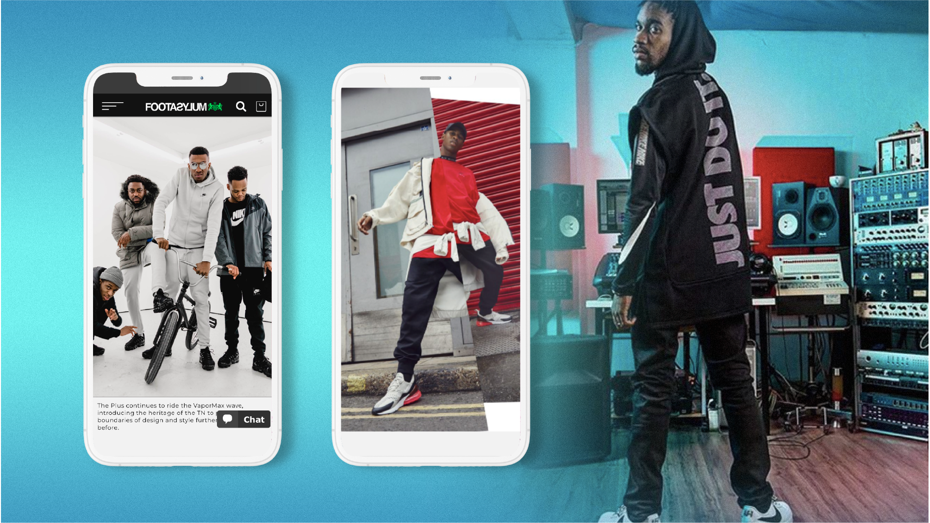 Footasylum app screens beside a man in a Just Do It hoodie in a recording studio, Nike London