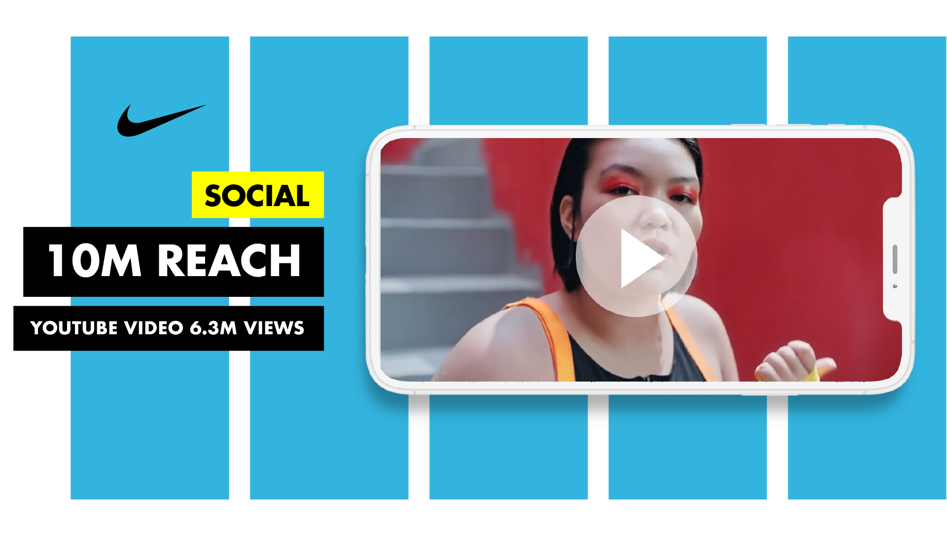 Nike social slide, 10M reach, phone playing a YouTube video with 6.3M views of a runner