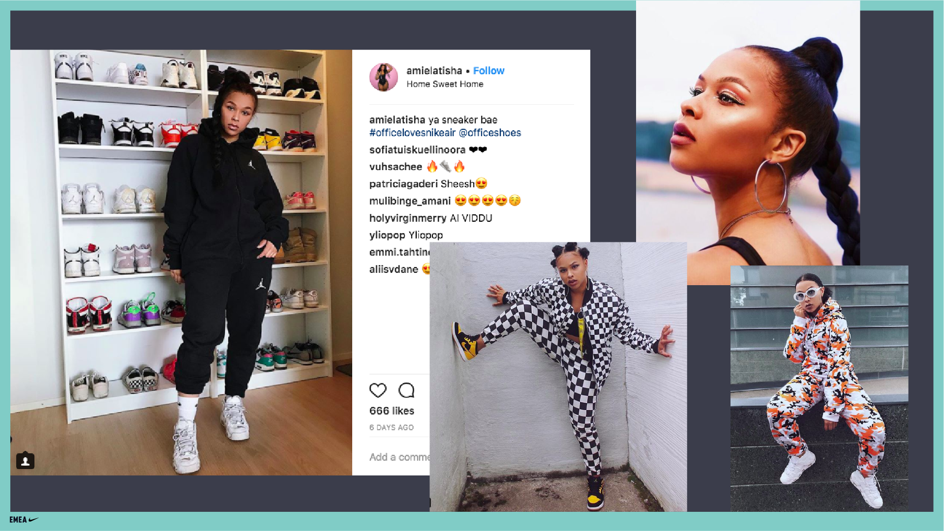Nike London social collage of women showing off sneaker collections and streetwear outfits