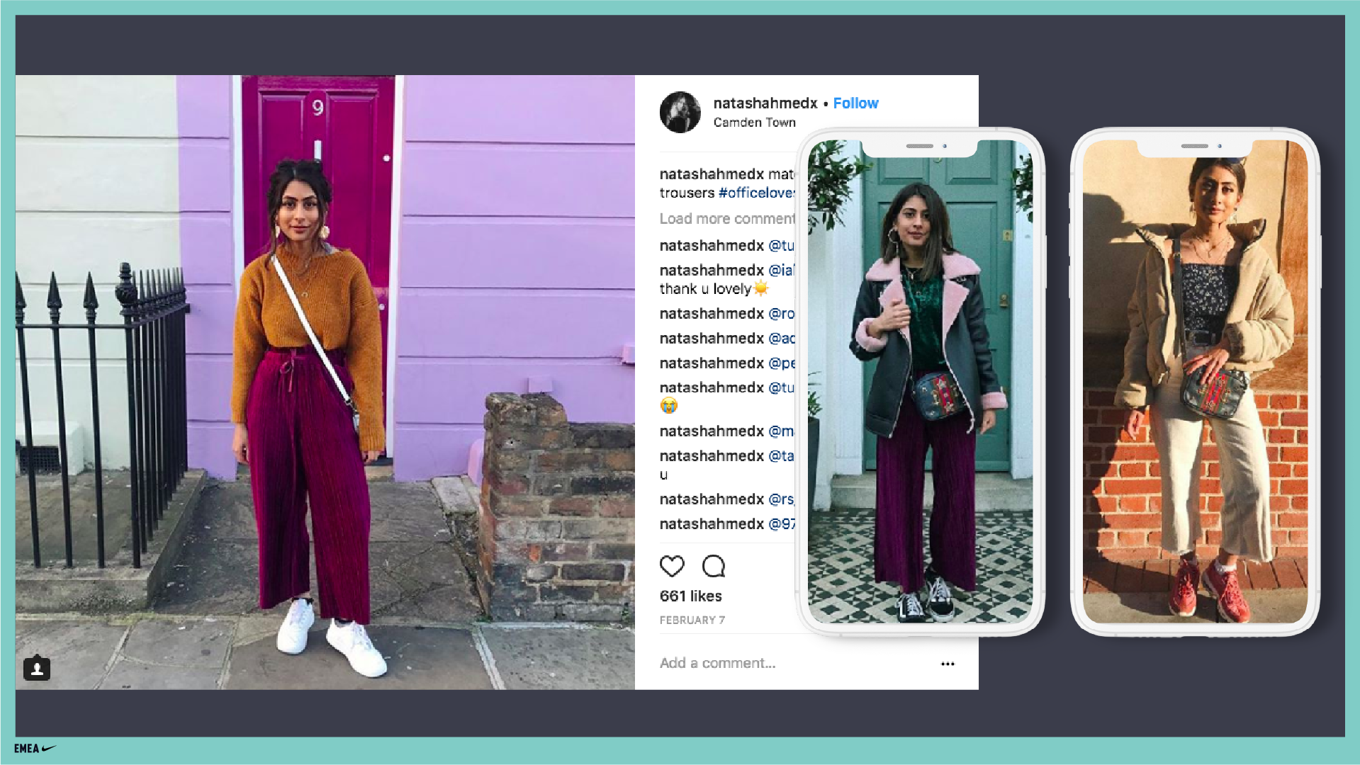 Nike London Instagram-style collage of a woman in streetwear posing by colourful London doorways