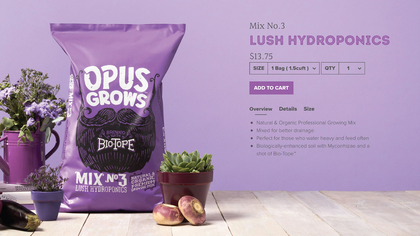 Opus Grows Bio-Tope Mix No.3 Lush Hydroponics product page with bag, plants and price