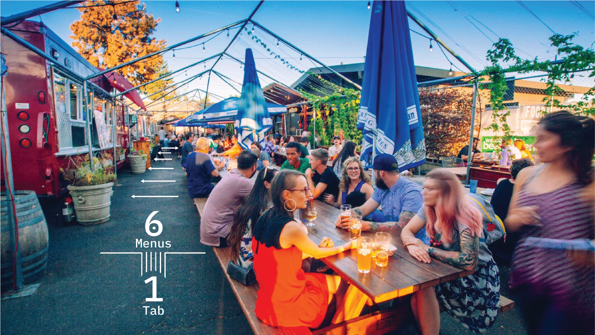 Crowded outdoor beer garden with food trucks and people at tables, labeled Porter's 6 menus on 1 tab