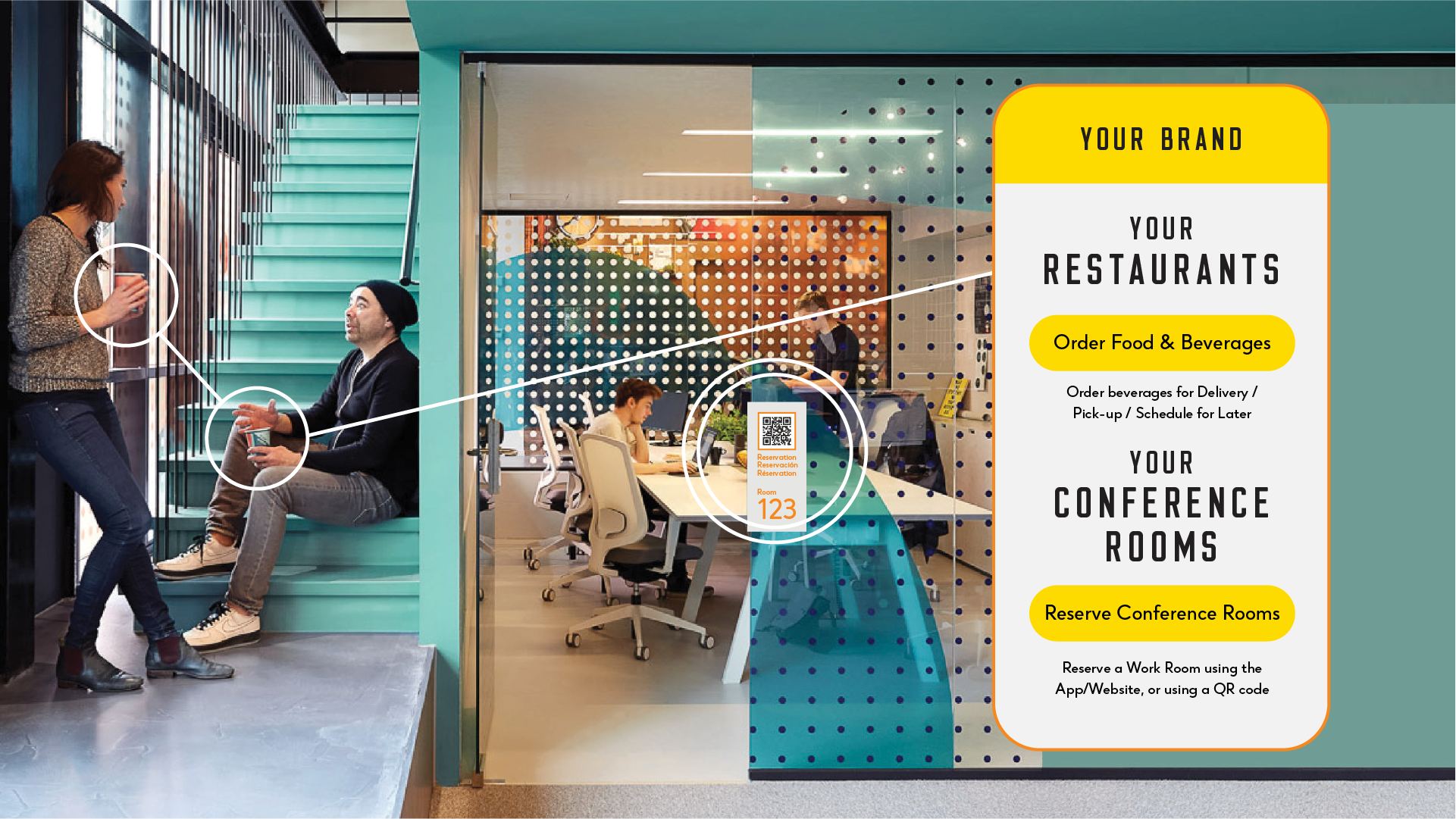 Porter conference room ordering UI over open office, with Order Food & Beverages and Reserve Conference Rooms