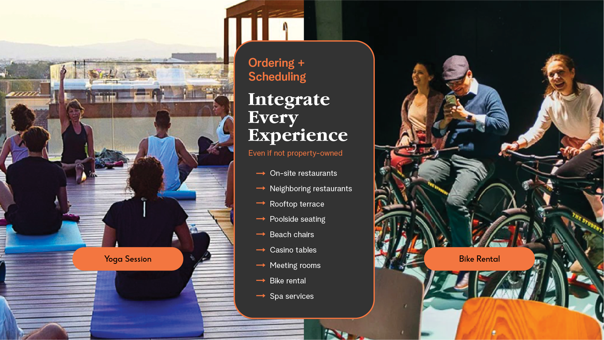 Porter Integrate Every Experience list beside yoga session and bike rental photos