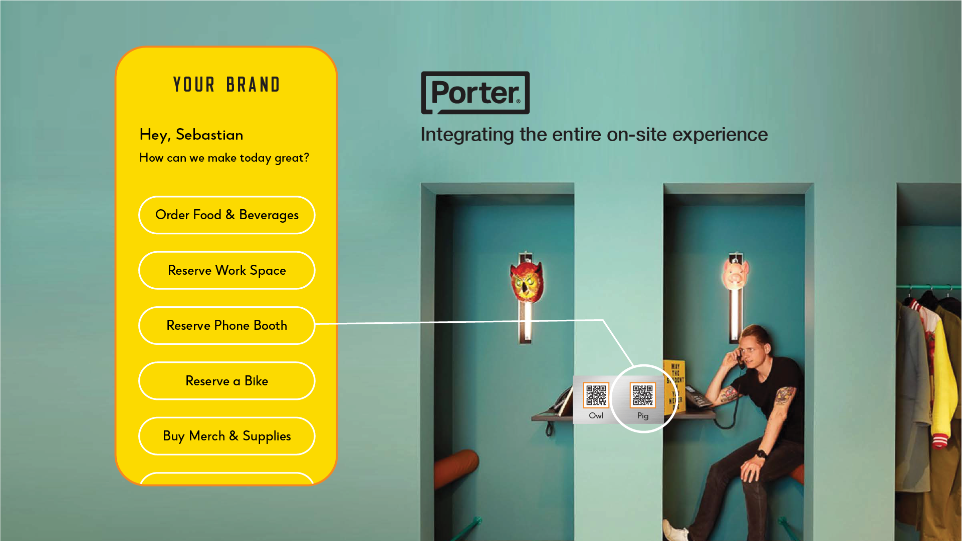 Porter on-site app for Sebastian over a man in a phone booth; reserve work space, phone booth or bike options