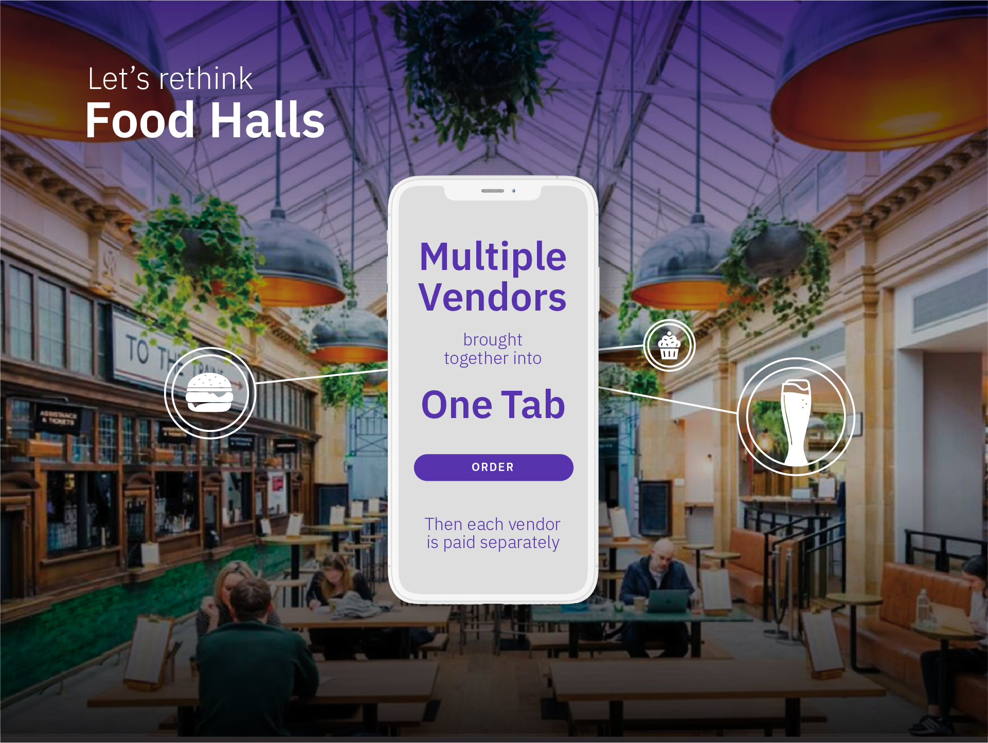 Porter food halls concept: phone app screen reading Multiple Vendors brought together into One Tab
